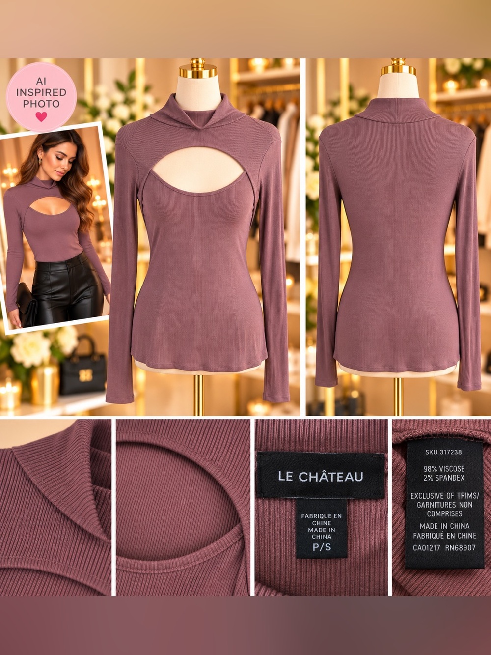 le chateau Mauve Rose Cutout Ribbed Long-Sleeve Top